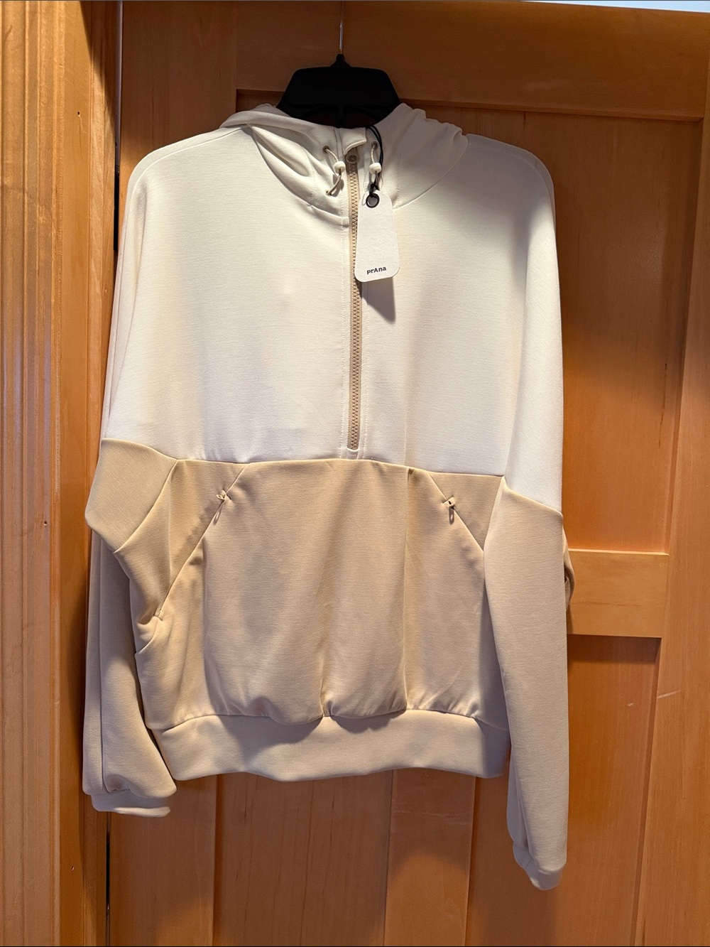 Prana Two-Tone Cream and Beige Hooded Half-Zip Bomber Jacket. Small. NWT